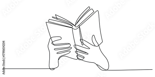 Continuous line art of hands holding and reading an open book