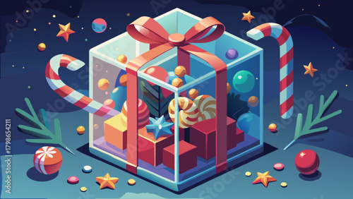 A glass gift box with candies and christmas decorations