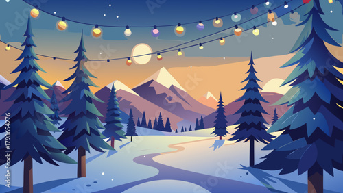 Winter landscape with trees mountains and string lights