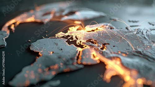 Glowing Digital World Map Illustrating Global Connectivity and Network Connections with Bright Lines Across Europe and Asia