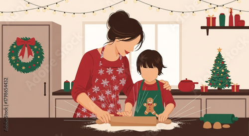 Mother and child baking Christmas cookies together in a festive kitchen.