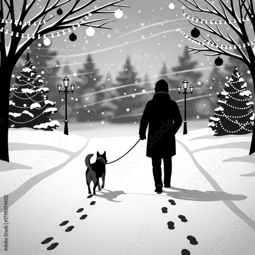 A person and their dog walking away on a snowy path leaving footprints.