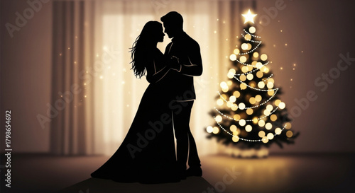 Silhouette of a romantic couple sharing an intimate dance.