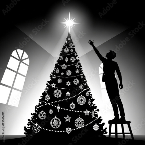 Silhouette of a person on a stool placing a star on a Christmas tree.