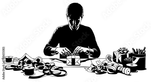 Black and white illustration of a man carefully wrapping a present at a table.