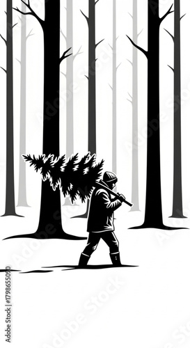 A person in winter clothing carries a freshly cut Christmas tree on their shoulder.