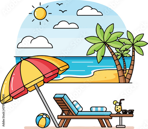 Tropical Beach Vacation Scene with Sun Lounger Umbrella and Palm Trees Illustration