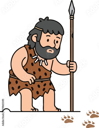 Cartoon Caveman Hunter with Spear Tracking Animal Footprints Isolated on White Background