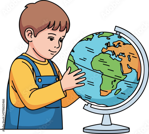Curious Young Boy Studying World Globe for Geography Education and Learning