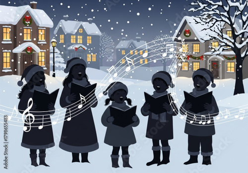 Silhouettes of five children singing Christmas carols in the snow.
