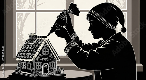 Silhouette of a person in a festive hat decorating a gingerbread house.