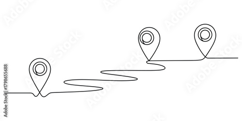 Minimalist continuous line drawing of a journey path with three pins