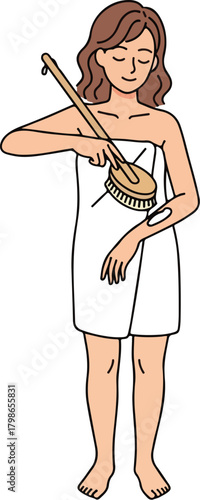 Woman Dry Brushing Body in Towel for Skin Health and Detoxification Ritual