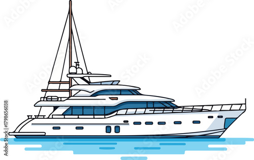 Luxury Motor Yacht Illustration Sleek White Cruiser on Calm Blue Water