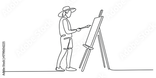 Continuous line drawing of artist painting on easel artwork design