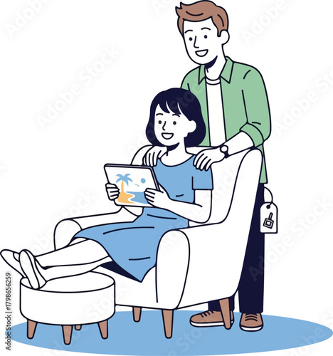 Happy Couple Planning Dream Vacation on Tablet at Home