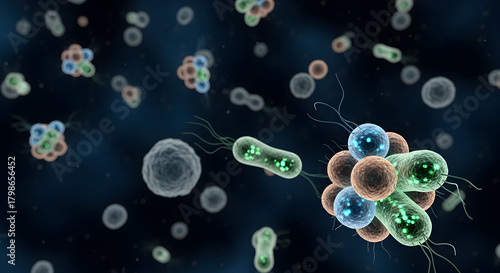 Fototapeta Naklejka Na Ścianę i Meble -  Highly detailed 3d render of microscopic bacteria cells floating in dark background showing microbiology and scientific research concept 90020967 1