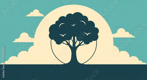 Minimalist illustration of a tree silhouette against a sun and cloud background, symbolizing nature, growth, and tranquility