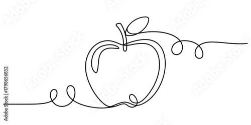 Minimalist continuous line art drawing of a fresh apple fruit
