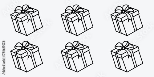 A seamless black gift box pattern with a festive, minimalist ribbon. Ideal for celebration backdrops, packaging designs, and birthday themes. Hand-drawn linear illustration.