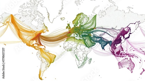 Global Trade Routes Visualization with Colorful Flow Lines Representing International Goods Movement Across Continents and Oceans