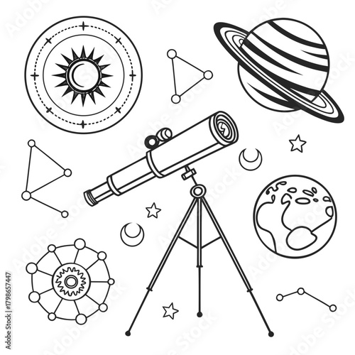 Astronomy, Orbit & Solar System Minimal Line Diagram Set
