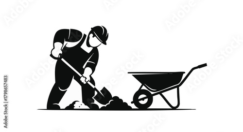 A construction worker uses a shovel to move dirt, with a wheelbarrow nearby, representing labor and building.