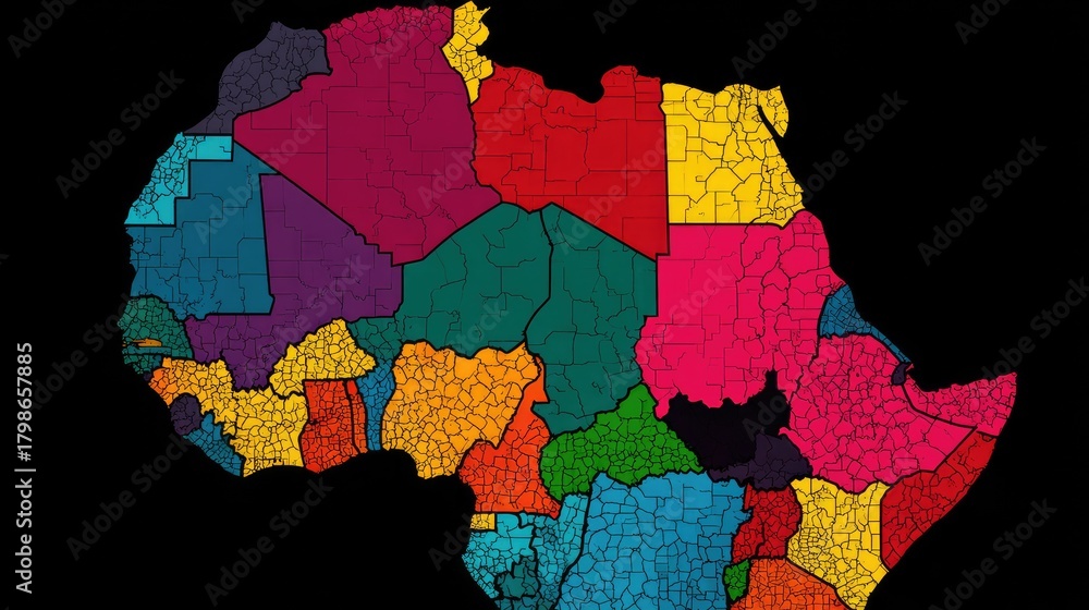 Fototapeta premium Colorful Geometric Map of Africa Illustrating Different Regions and Borders with Vibrant Shades for Visual Representation and Educational Purposes