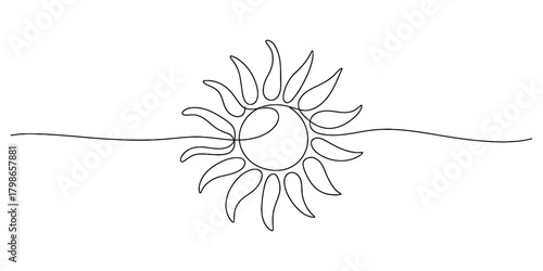 Continuous line art drawing of sun with rays, vector illustration