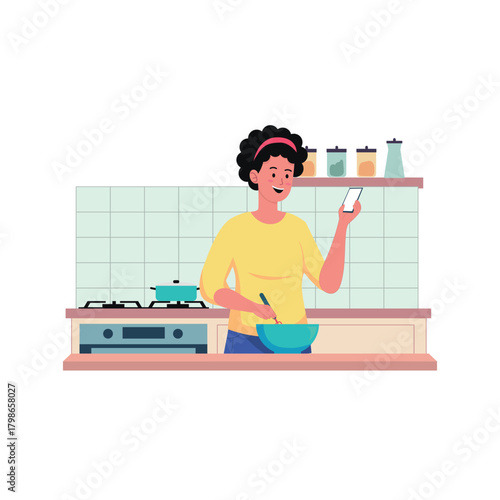 Smiling woman multitasking in kitchen preparing food while checking her phone