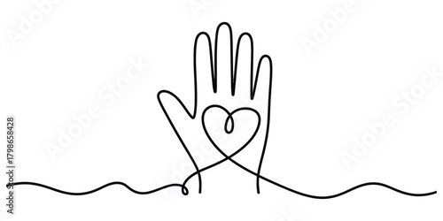 Continuous line drawing of hand with heart symbol, love and care