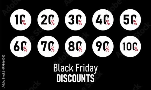 Set of Black Friday discount numbers in black, circular sale tags with 10%, 20%, 30%, 40%, 50%, 60%, 70%, 80%, 90%, 100% discounts, vector illustration on white background.