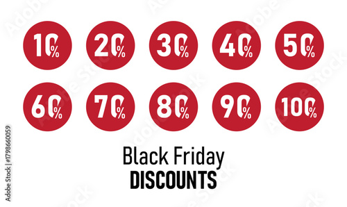 Set of Black Friday discount numbers in black, circular sale tags with 10%, 20%, 30%, 40%, 50%, 60%, 70%, 80%, 90%, 100% discounts, vector illustration on white background.