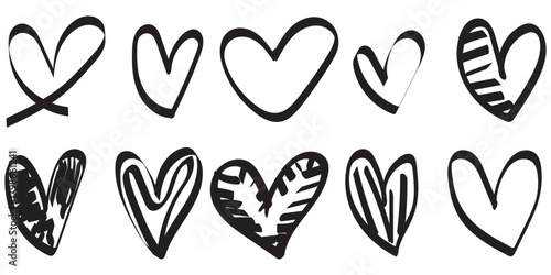 Collection of hand drawn heart doodles in different styles, black ink sketch, isolated on white background.
