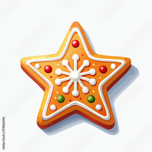 A festive star-shaped gingerbread cookie adorned with white icing and colorful sprinkles, perfect for holiday celebrations