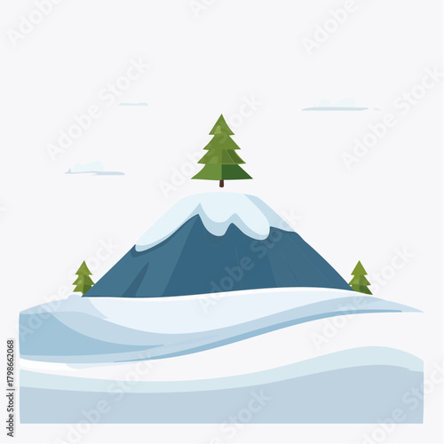 Vector illustration of a serene snow-capped mountain with a green pine tree on its peak, nestled in gentle winter snowdrifts, evoking a peaceful cold season landscape