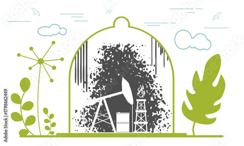 Oil industry icons under the glass dome surrounded by green plants. Earth day and save the world, zero waste concept. Growth, sustainability, environmental care, protection and nature conservation.