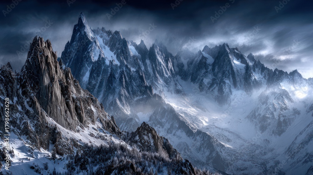 Obraz premium Snow Covered Mountain Range Under Dramatic Cloudy Sky in Winter Scene