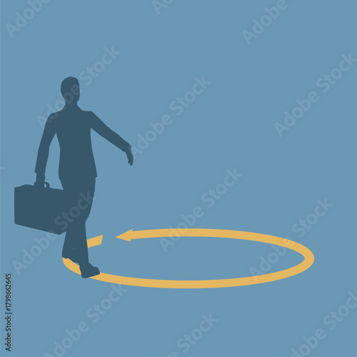 Frustrated businessman walk in circle with no way out and no career path. Career path dead end, work on same old repetitive job, business as usual no motivation or infinity loop routine job concept.