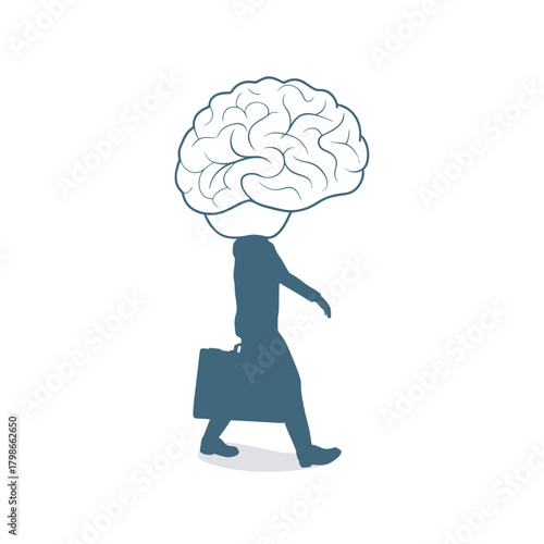 Businessman walking with briefcase and brain instead head. Concept of personal growth and leadership. Finance, economy, professional occupation, business and career.