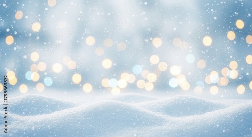 Naklejka premium Softly falling snow with blurred golden bokeh lights creating a magical winter wonderland atmosphere