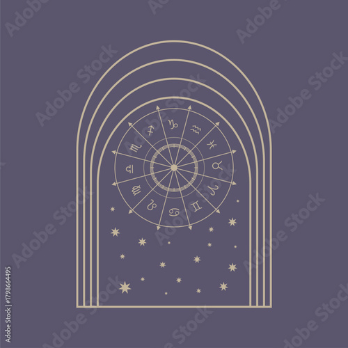 Astrology symbols in circle and stars in arch frame.