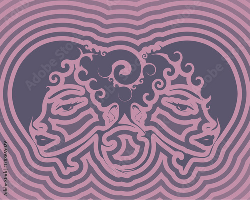 Two young women face front view. Melted with spiral and decorated by curls. Elegant silhouette of a female heads. Split personality disorder.