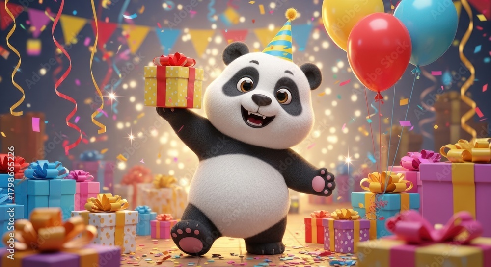 Fototapeta premium Cute Panda Character Celebrating Birthday Surrounded by Gifts and Balloons.