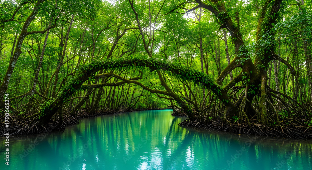 Obraz premium Jungle mangrove forest landscape with vivid green canopy and sprawling roots over quiet tropical turquoise river 49761750 1