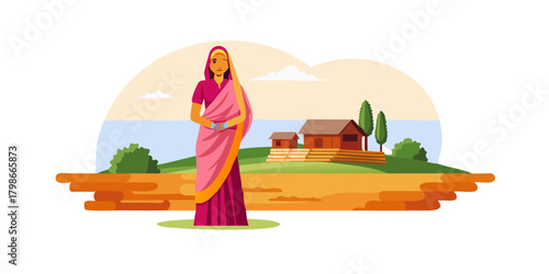 Welcoming South Asian Village Woman in a Traditional Sari Standing
