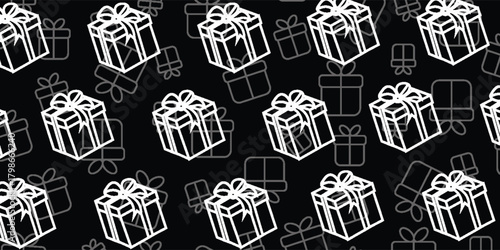 Seamless pattern of white gift box outlines with ribbons on a black background, creating a festive and modern holiday design.