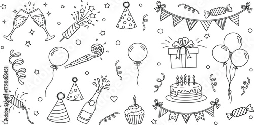 Hand drawn sketch of birthday party elements including cake champagne glasses gift and balloons on white background