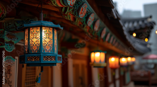 Illuminating Tradition Seondeung Street Lantern Festival in South Korea, where vibrant lanterns cast a warm glow on historical architecture and cultural celebrations