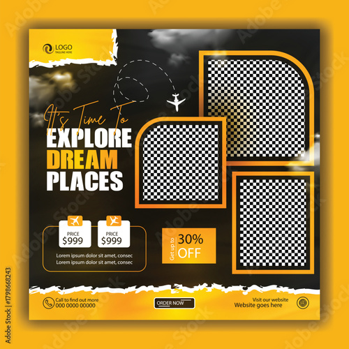 modern innovative travel tour promotion banner traveling business marketing social media post square flyer template